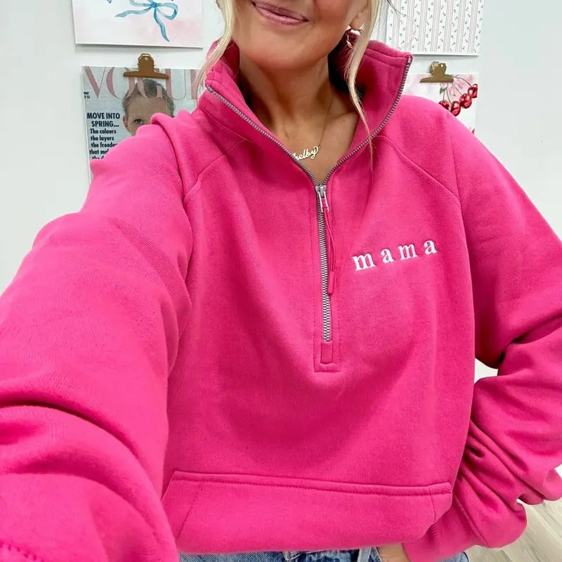 Embroidered 'Mama' Pocket Quarter Zip Sweatshirt T-Shirts, Hoodie | HypeDripTees.com