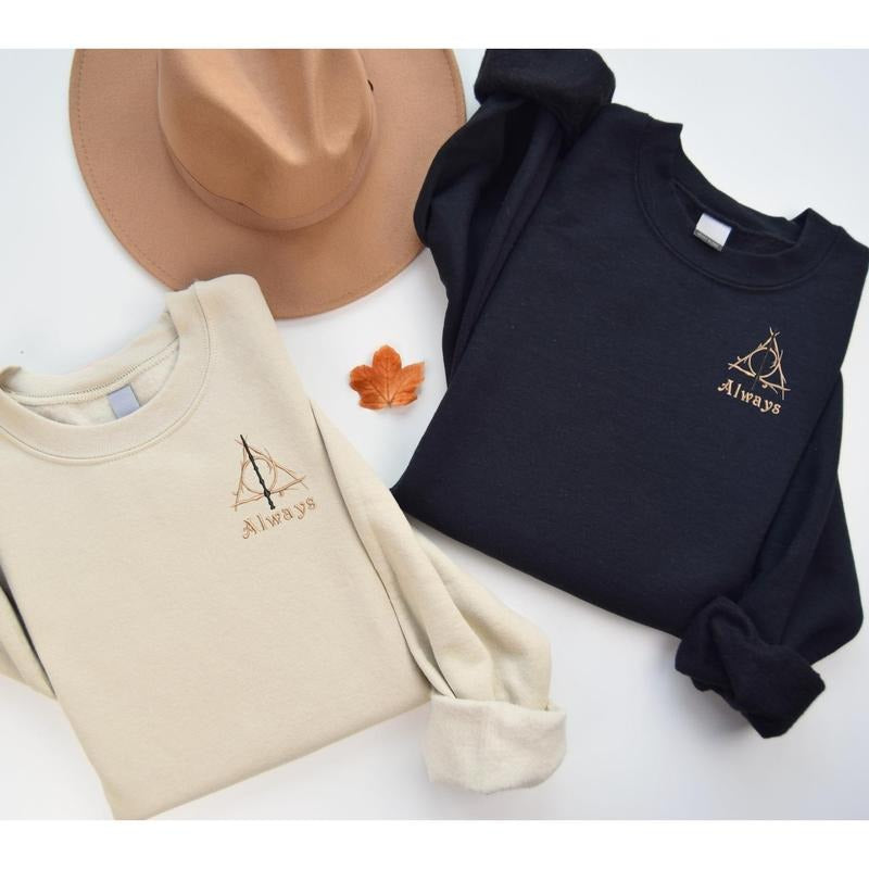 Embroidered Deathly Hallows "Always" Sweatshirt, HP Inspired embroidery shirt, HP books, Booktok Hoodie | HypeDripTees.com