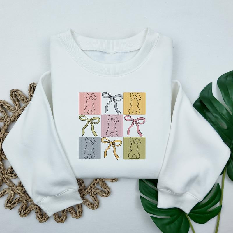 Embroidered Easter Bow Sweatshirt, Trendy Coquette Easter Sweatshirt, Women's Easter Bunny Crewneck, Cute Spring Rabbit...