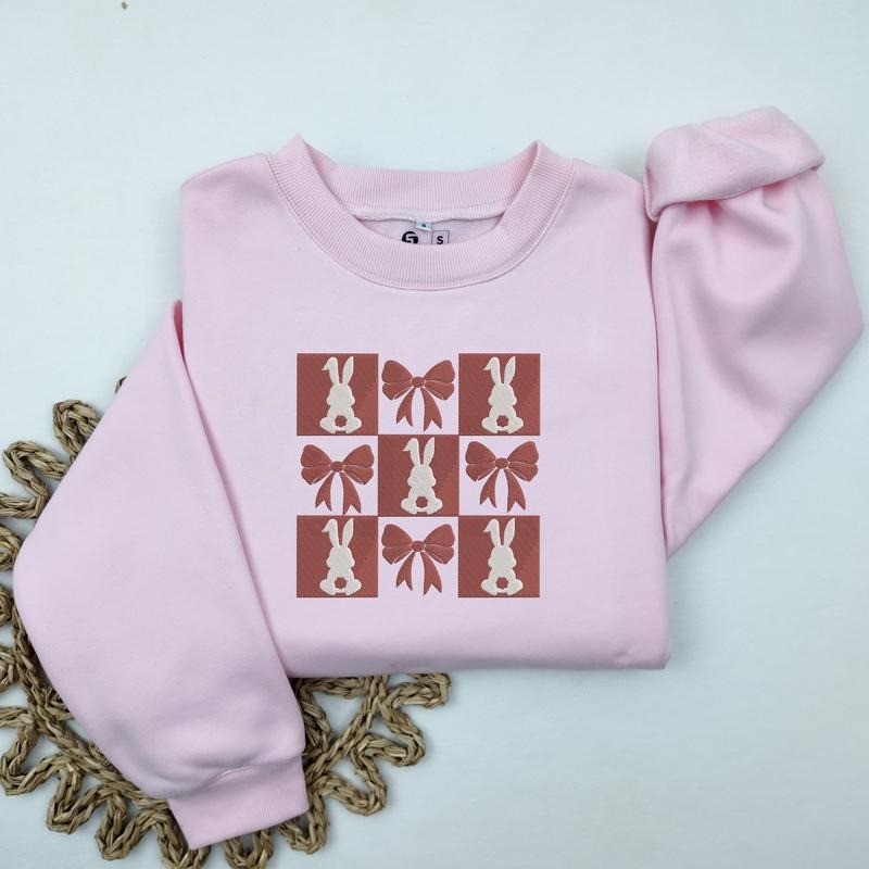 Embroidered Easter Bow Sweatshirt, Trendy Coquette Easter Sweatshirt, Women's Easter Bunny Crewneck, Cute Spring Rabbit...