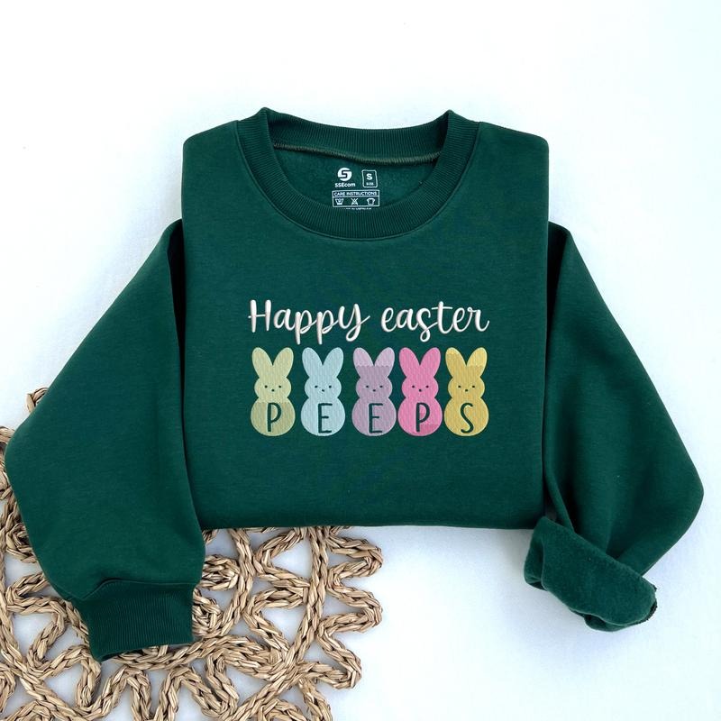 Embroidered Easter Bunny Peeps Sweatshirt, Trendy Happy Easter Peeps Sweatshirt, Women's Easter Rabbit Crewneck, Cute...
