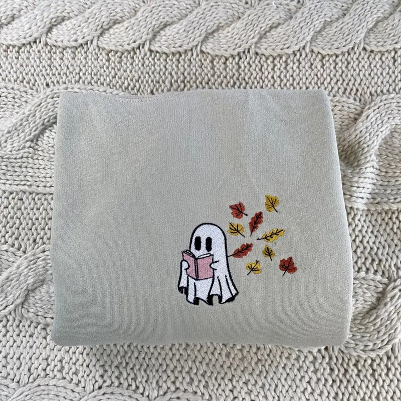 Embroidered Fall Ghost Reading Book Halloween Reading Ghost Embroidered Autumn Leaves T-Shirts, Hoodie, Sweatshirt
