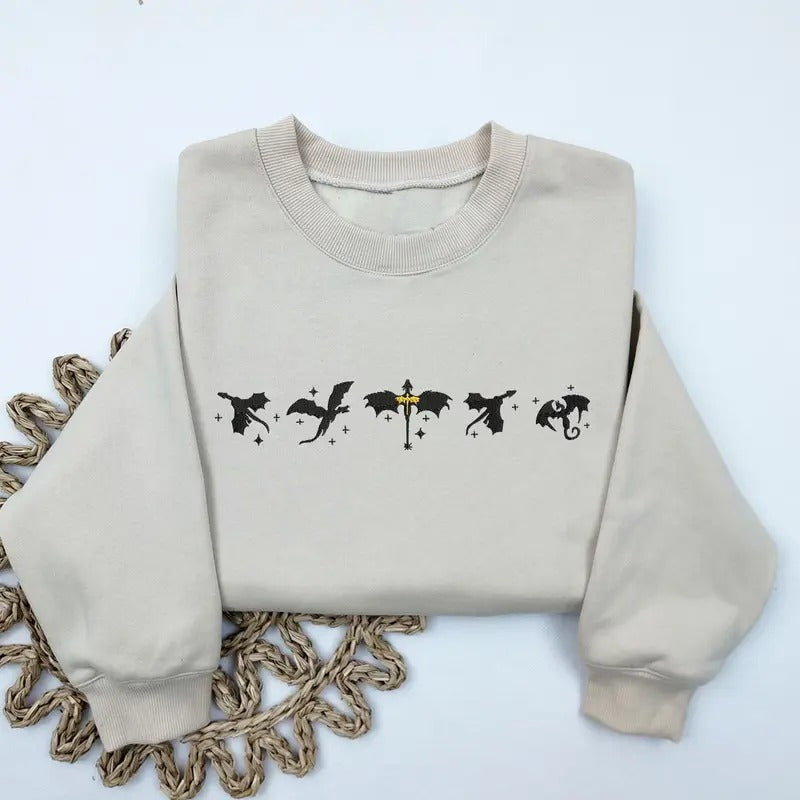 Embroidered Fourth Wing Sweatshirt, Basgiath War College Embroidered Sweatshirt, Fantasy Book Dragon Crewneck...