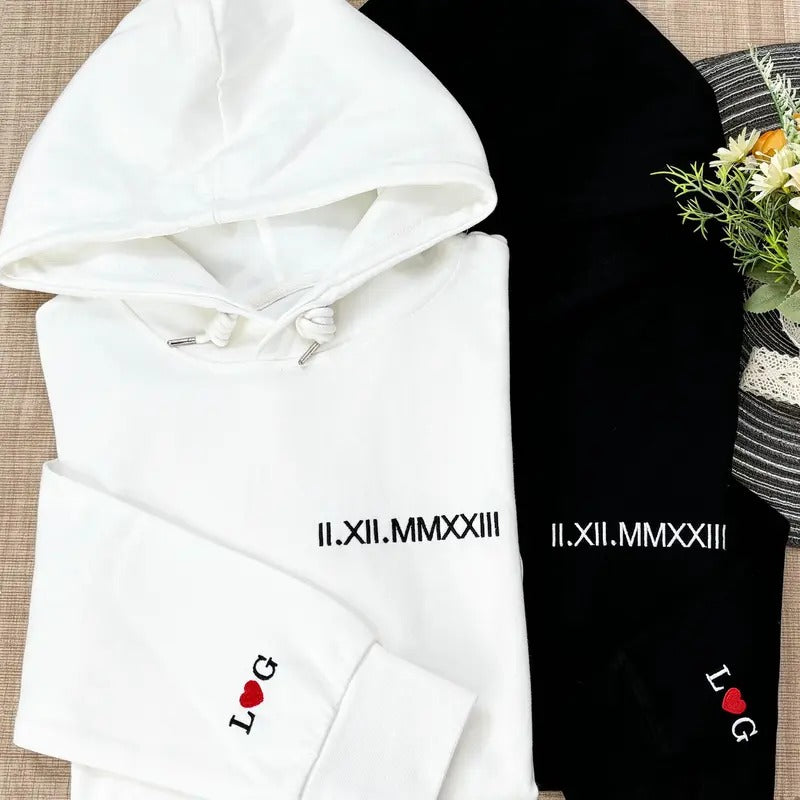 Embroidered Matching Couple Hoodies | Roman Numeral Sweatshirt Hoodie | Initial Heart on Sleeve T-Shirts | HypeDripTees.com