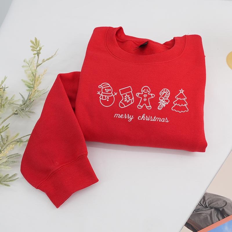 Embroidered Merry Christmas Sweatshirt, Minimalist Merry Xmas Crewneck, Cute Gingerbread & Candy Cane Holiday Pullover,...