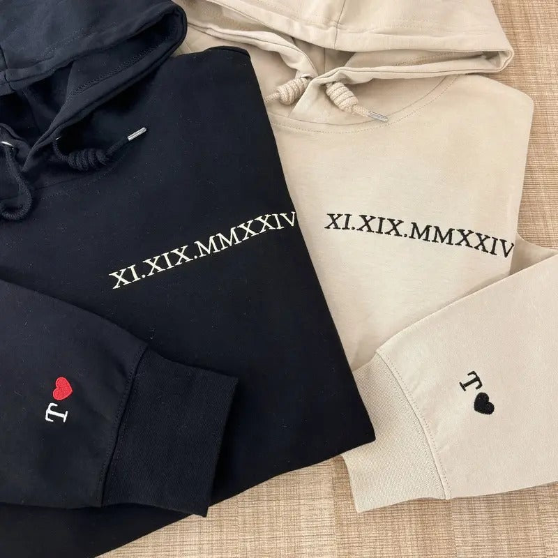 Embroidered Roman Numerals Hoodie, Date Couple Sweatshirt, Initials on Sleeve T-Shirts | HypeDripTees.com