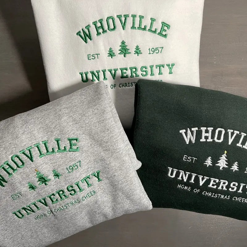 Embroidered Whoville University Sweatshirt - Cozy Christmas Sweater - The Grinch T-Shirts, Hoodie | HypeDripTees.com