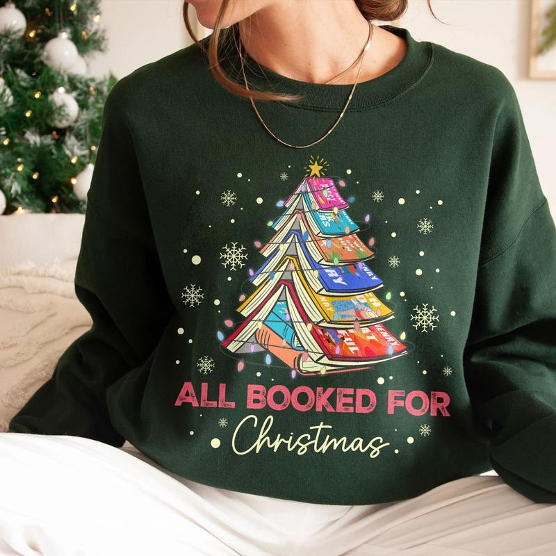 Emily Henry Christmas Book Tree Sweatshirt, All Booked For Christmas Sweater, Beach Read Happy Place Bookmas, Book Lovers...