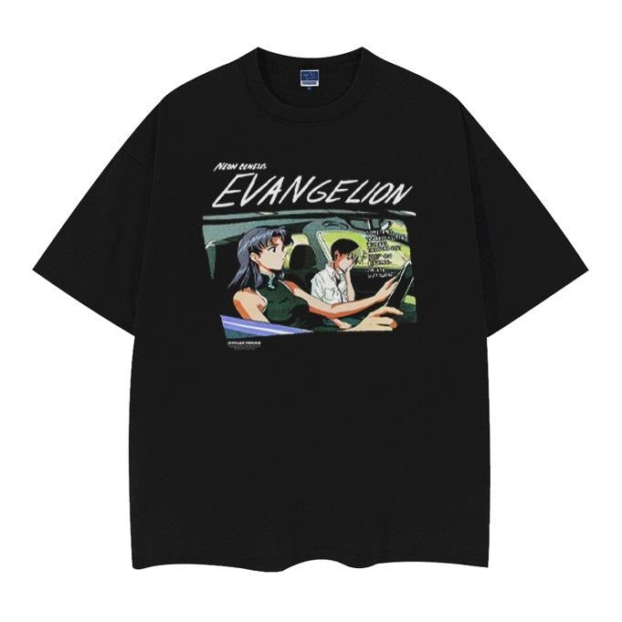 Evangelion "Shinji Ikari & Misato Katsuragi" Vintage Oversized Tee Anime T-shirt 100% Cotton Original Design Men's Top...