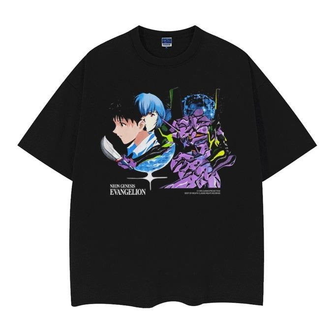 Evangelion "Shinji Ikari & Rei Ayanami" Vintage Oversized Tee Anime T-shirt 100% Cotton Original Design Men's Top...