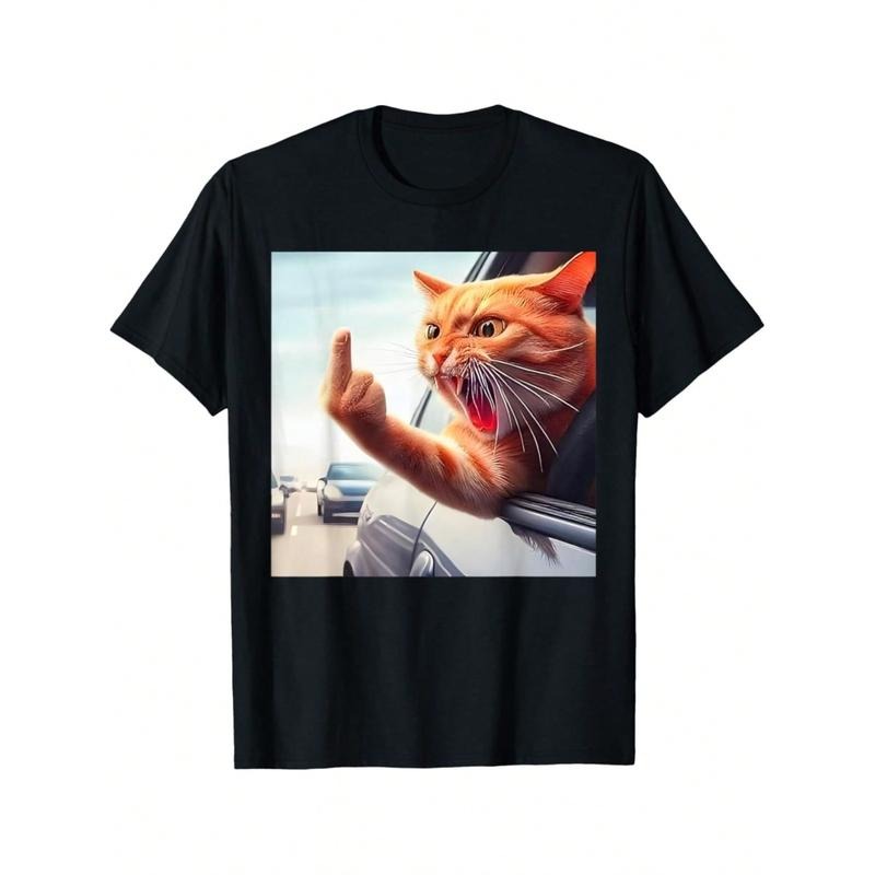 Everyday Cotton Tee, Funny Cat Middle Finger Hilarious Cat In The Car Cat Lover T-Shirt Print, Crew Neck Style, Ideal For...