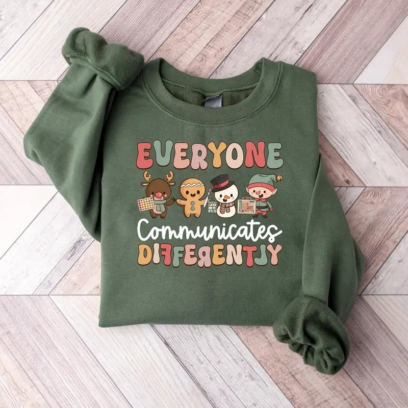 Everyone Communicate Differently Shirt, SLP Christmas T-shirt, Christmas Gifts For Speech Therapist, Autism Awareness...