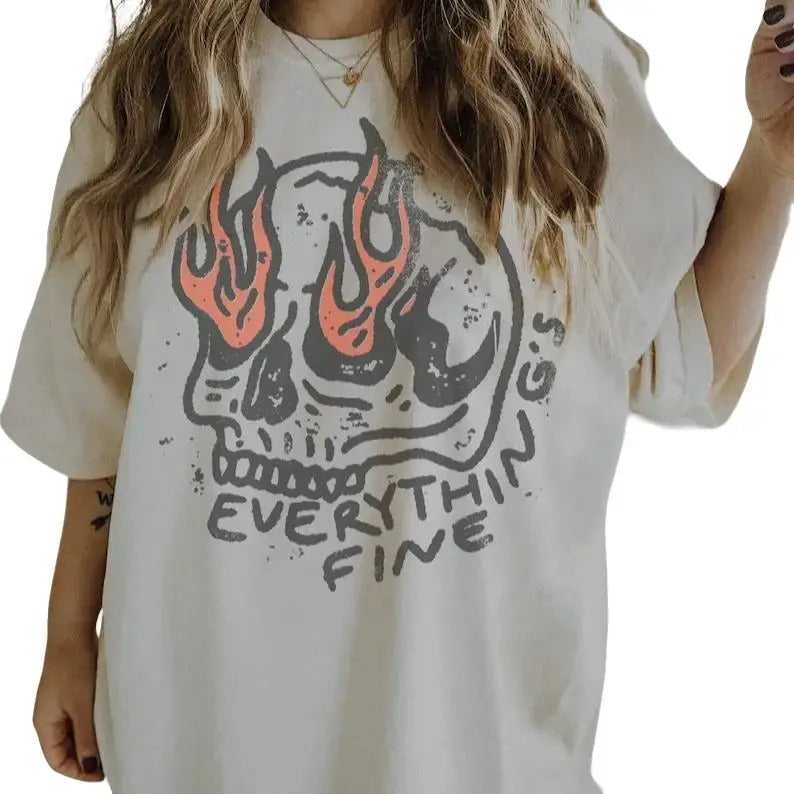 Everything Is Fine Shirt Skull Comfort Colors Tee,  Boho Vintage Tee, Trendy Graphic Tee, Skull Rebel Rock & Roll Grunge...