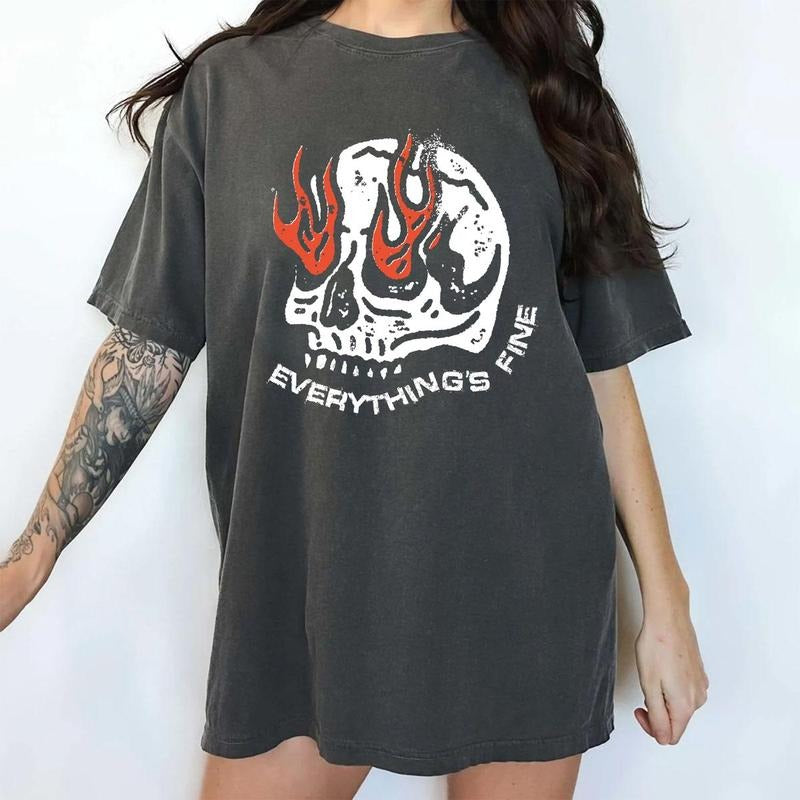 Everything Is Fine Skull Shirt, Fire Skull Tee, Rock n Roll Grunge Style, Skull Shirt, Women's Tops, Fall Casual...