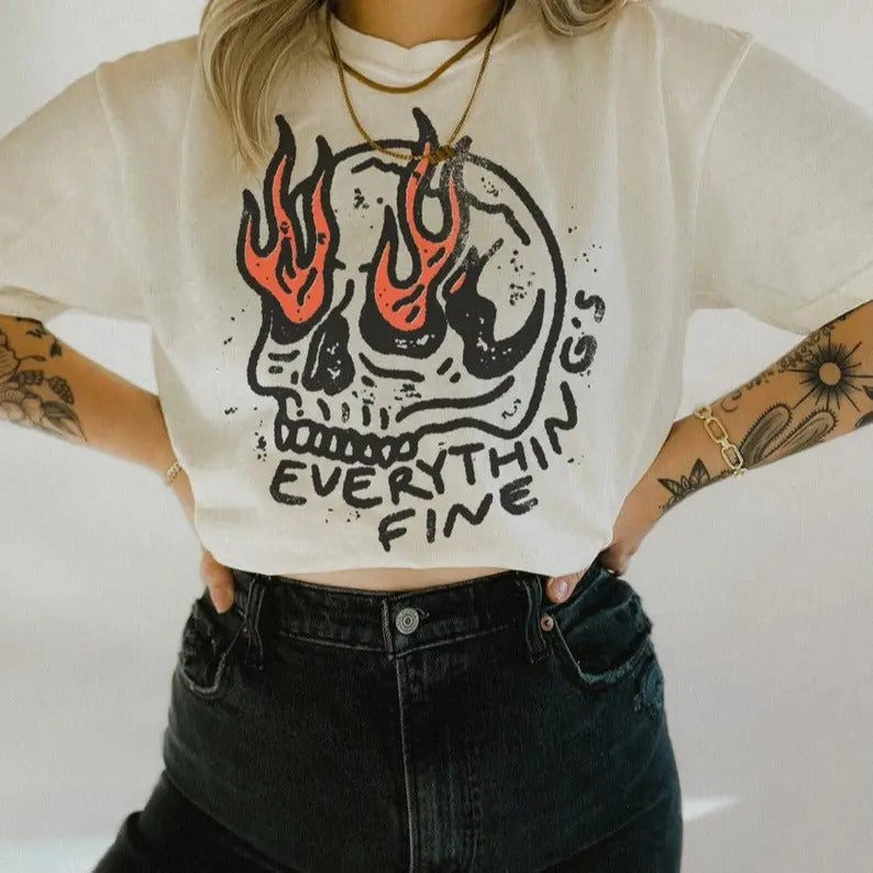Everything's Fine Shirt Comfort Colors Boho Hippie Clothes Rock n Roll Vintage Rebel Oversized Shirt Skull on Fire Moto...