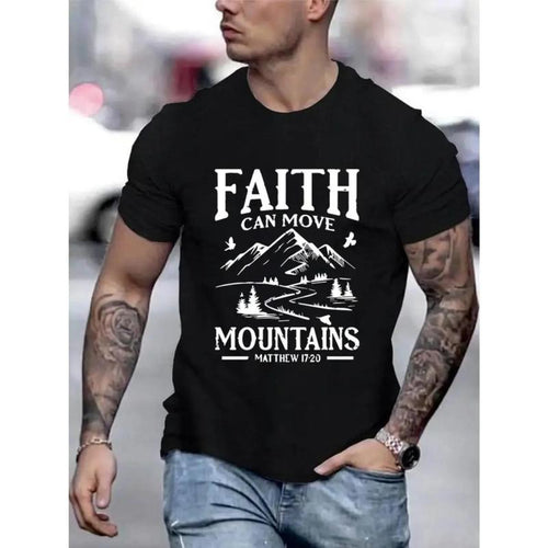 "FAITH Can Move Mountains" Men's Cotton T-Shirt - Short-Sleeved, Round Neck, Black with White Print, Inspirational...