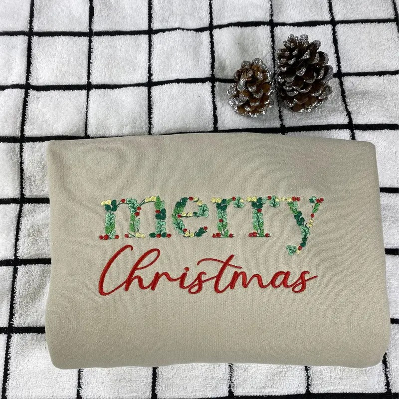 FLORAL Merry Christmas sweatshirt embroidered - Christmas embroidered sweatshirt - Merry Christmas Gifts T-Shirts, Hoodie