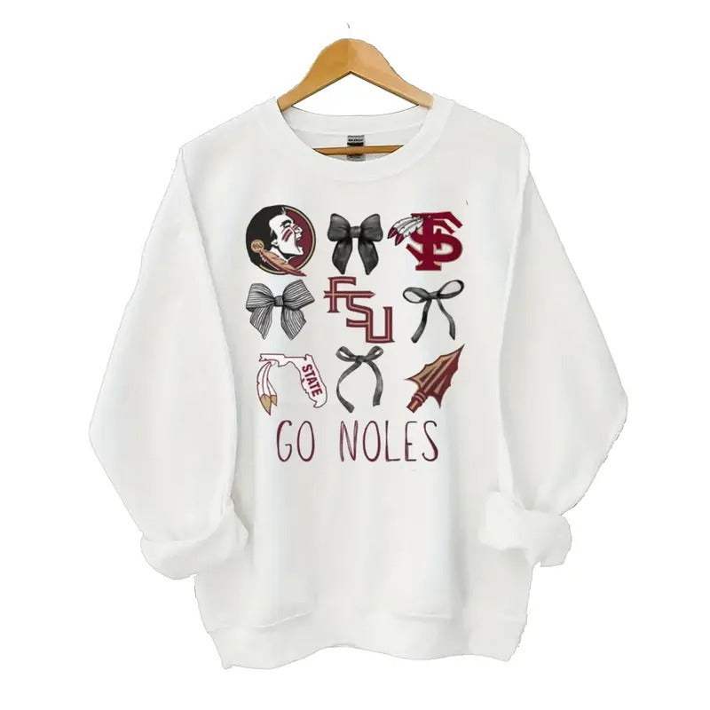 FSU Seminoles Football Sweatshirt, White, Round Neck, Long Sleeve, Crewneck, Casual Sport Tee, Classic Cotton Blend Hoodie
