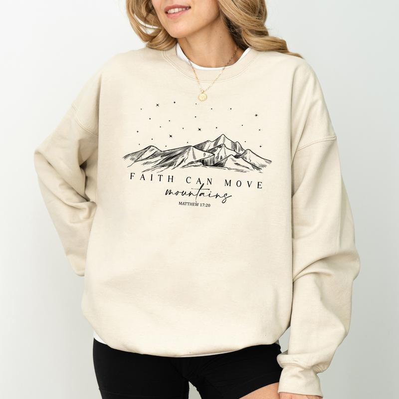 Faith Can Move Mountains Unisex Sweatshirt, Minimal Christian Crewneck, Bible Verse Long Sleeved Pullover, Christmas...