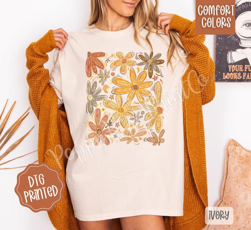 Fall Boho Floral Shirt Comfort Colors, Trendy Women's Graphic Tshirt Hoodie, Sweatshirt | HypeDripTees.com