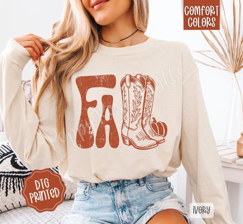 Fall Boots Comfort Colors Long Sleeve T-Shirt, Cute Women's Autumn Tee Hoodie, Sweatshirt | HypeDripTees.com