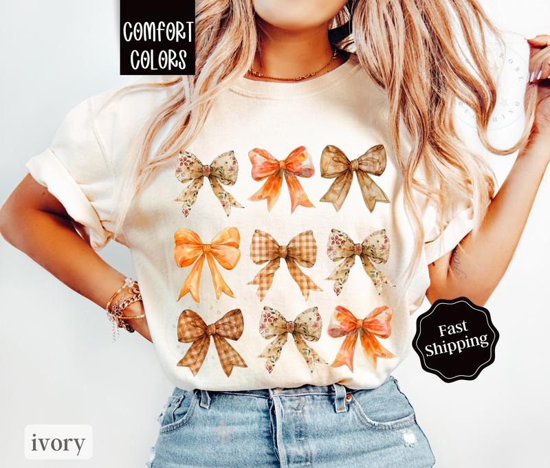 Fall Bow Shirt Comfort Colors,  Autumn Women's Tshirt, Fall Oversized Womens Tshirts fall coquettestyle{n002}2 Hoodie,...