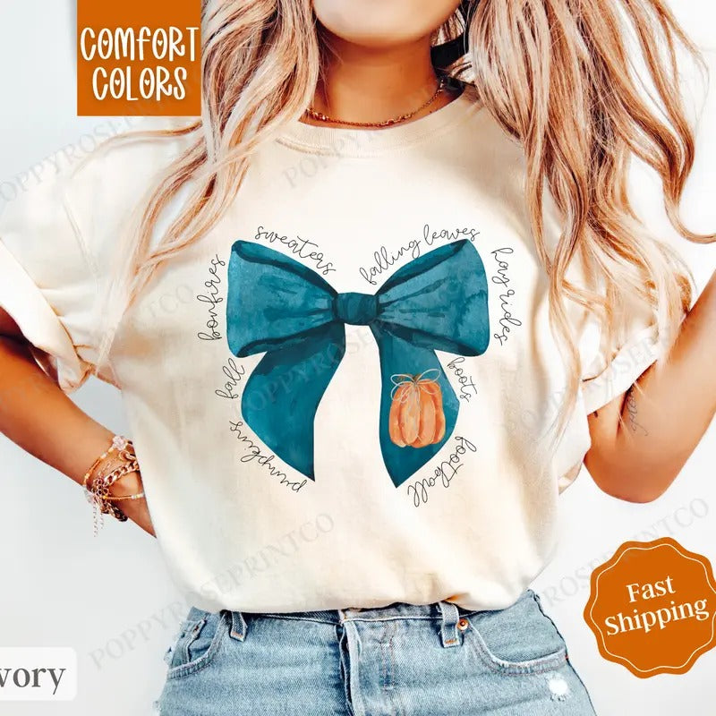 Fall Bow Shirt Comfort Colors, Pumpkin Season Shirt, Fall Womenswear Oversized Crewneck fall coquette Hoodie, Sweatshirt