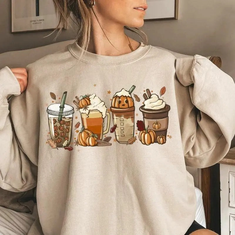 Fall Coffee Sweatshirt, Pumpkin Spice Shirt, Cute Fall Sweatshirt, Coffee Lover Shirt, Halloween Pumpkin Latte Drink Cup...