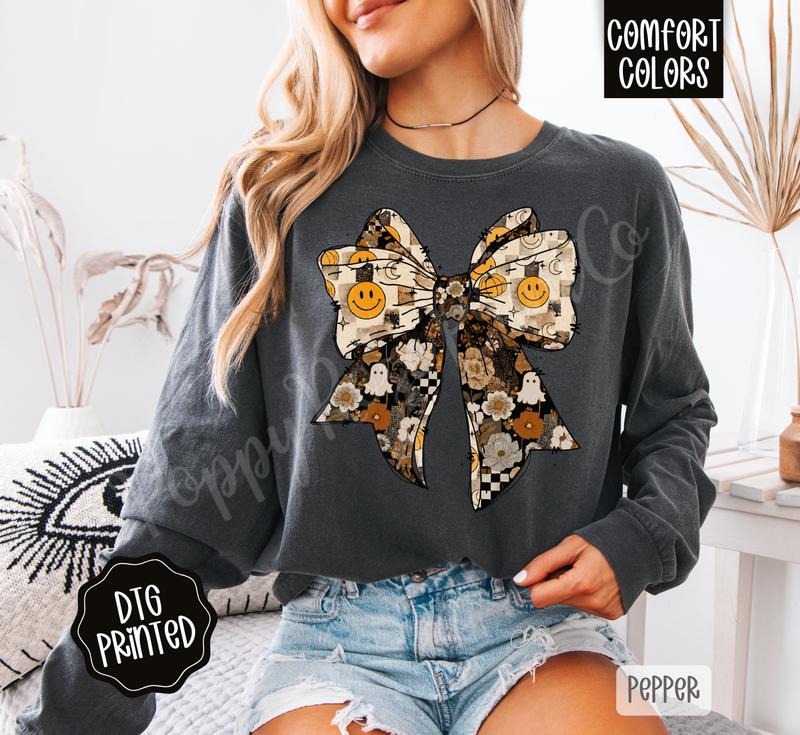 Fall Collage Bow Long Sleeve TShirt, Trendy Women's Autumn Tee Hoodie, Sweatshirt | HypeDripTees.com