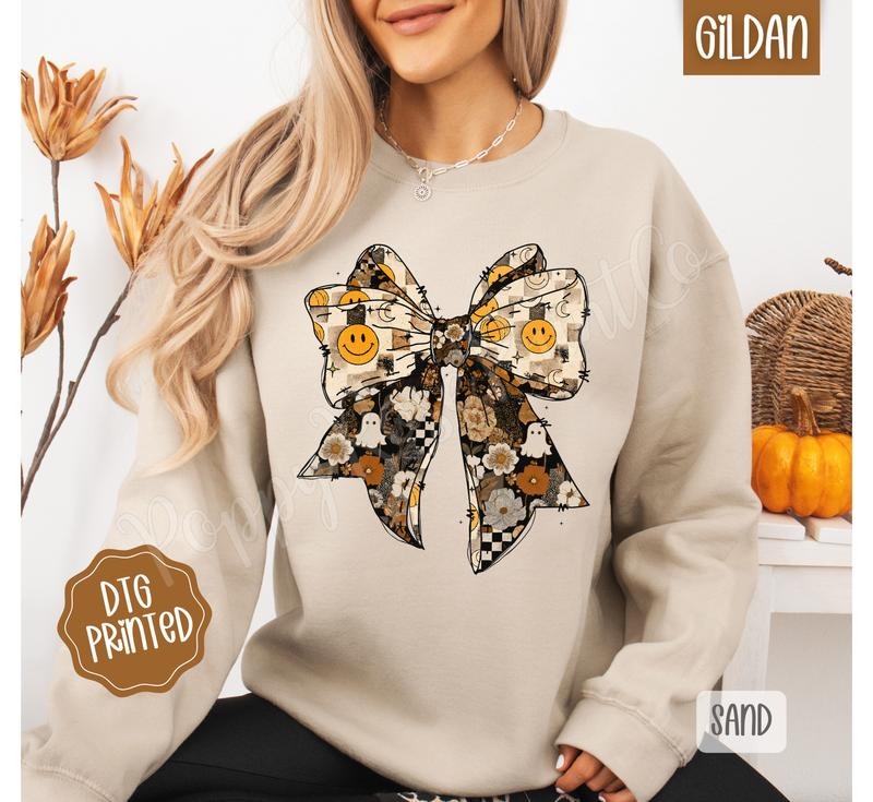 Fall Collage Bow Sweatshirt, Trendy Women's Autumn Sweater T-Shirts, Hoodie | HypeDripTees.com