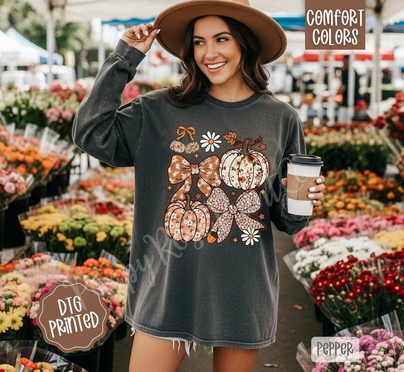 Fall Collage Comfort Colors Long Sleeve T-Shirt, Cute Women's Floral Autumn Tee Hoodie, Sweatshirt | HypeDripTees.com