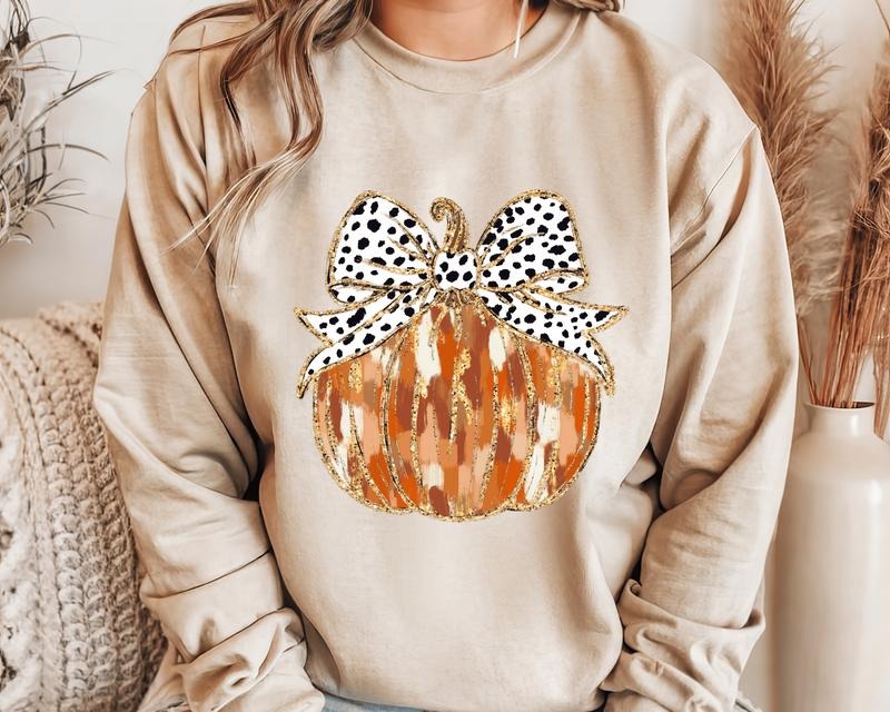 Fall Coquette Glitter Pumpkin Sweatshirt.  Casual Everyday Softstyle Thanksgiving Unisex Pullover Crewneck Sweatshirt....