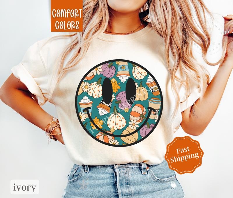 Fall Happy Face Shirt Comfort Colors, Pumpkin Spice Tshirt for Women,  Fall Season Shirt Oversized Crewneck Tee Hoodie,...