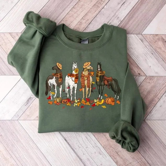 Fall Horse Sweatshirt, Horse Crewneck Sweatshirt, Horse Farm Animals Shirt, Autumn Pullover Hoodie | HypeDripTees.com