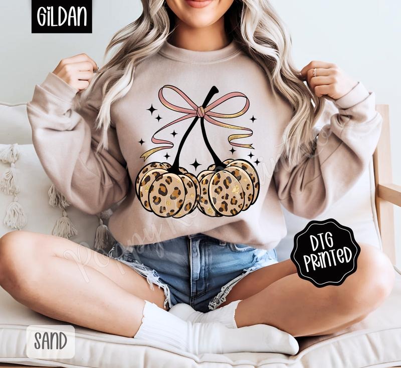 Fall Leopard Cherries Sweatshirt, Trendy Autumn Bow Crewneck T-Shirts, Hoodie | HypeDripTees.com