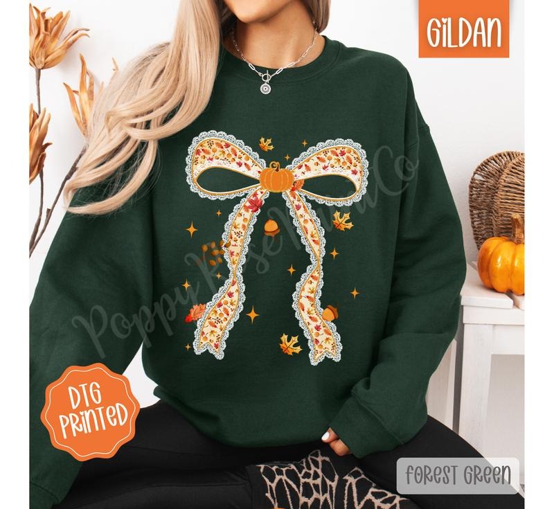 Fall Pumpkin Bow Sweatshirt, Trendy Coquette Autumn Crewneck T-Shirts, Hoodie | HypeDripTees.com
