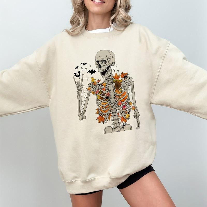 Fall Skeleton Sweatshirt, Halloween Skeleton Shirt, Halloween Gifts, Spooky Sweatshirt, Retro Skull Shirt, Retro Flower...