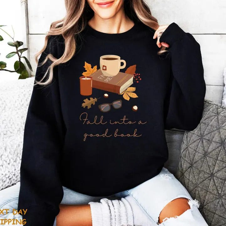 Fall into a good book Sweatshirt, Autumn Hoodie, T-shirt Casual Cotton Fabric Jersey | HypeDripTees.com