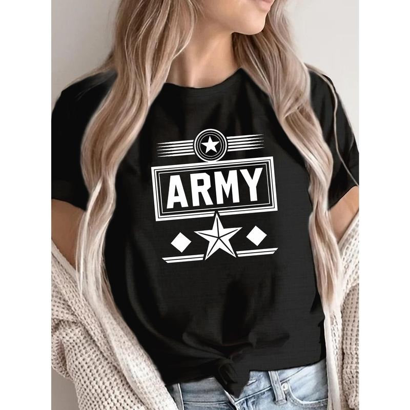 1pc Women's Army Graphic T-Shirt - 100%, Breathable, Machine Washable, Round Neck Tee with Bold "Army" Print & Stars Design