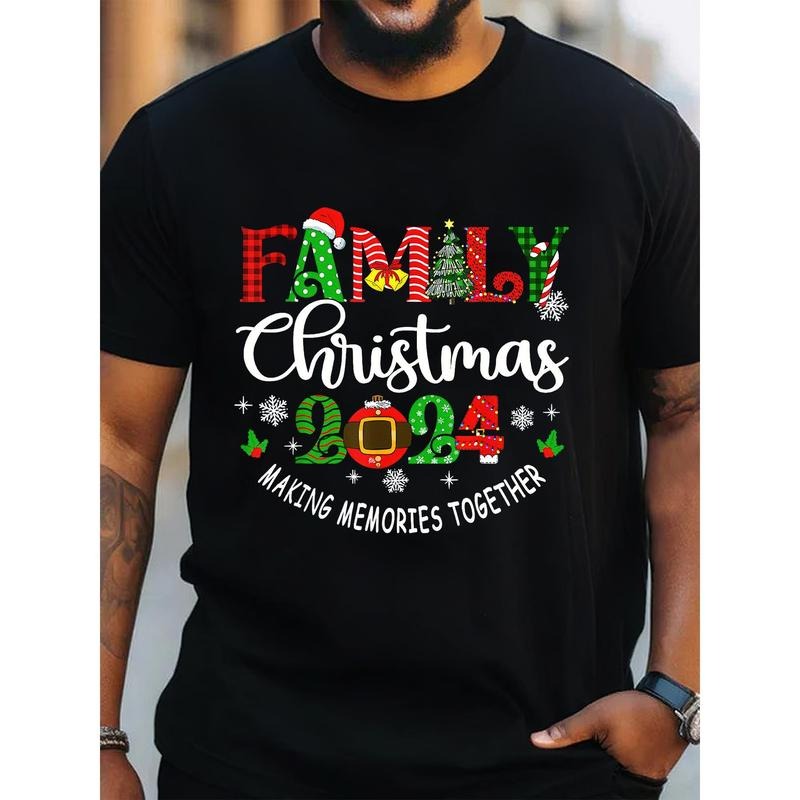 Family Christmas 2024 Casual Cotton T-Shirt for Men, Couple Matching Crew Neck Top with Slight Stretch, Knit Fabric...