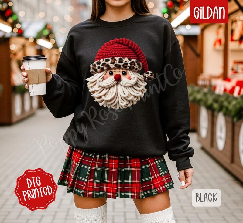 Faux Crochet Leopard Santa Sweatshirt, Trendy Women's Christmas Crewneck T-Shirts, Hoodie | HypeDripTees.com