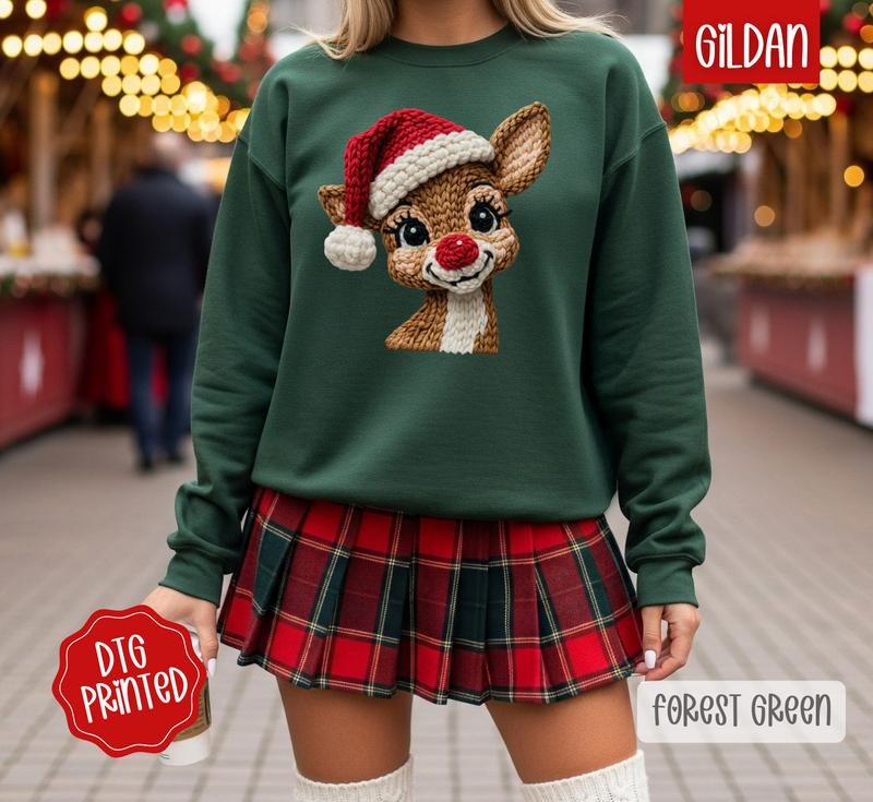 Faux Crochet Rudolph Sweatshirt, Trendy Women's Christmas Crewneck T-Shirts, Hoodie | HypeDripTees.com