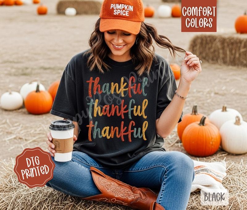 Faux Crochet Thankful Shirt Comfort Colors, Trendy Women's Fall Tshirt Hoodie, Sweatshirt | HypeDripTees.com