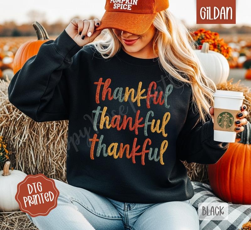 Faux Crochet Thankful Sweatshirt, Trendy Women's Fall Sweater T-Shirts, Hoodie | HypeDripTees.com