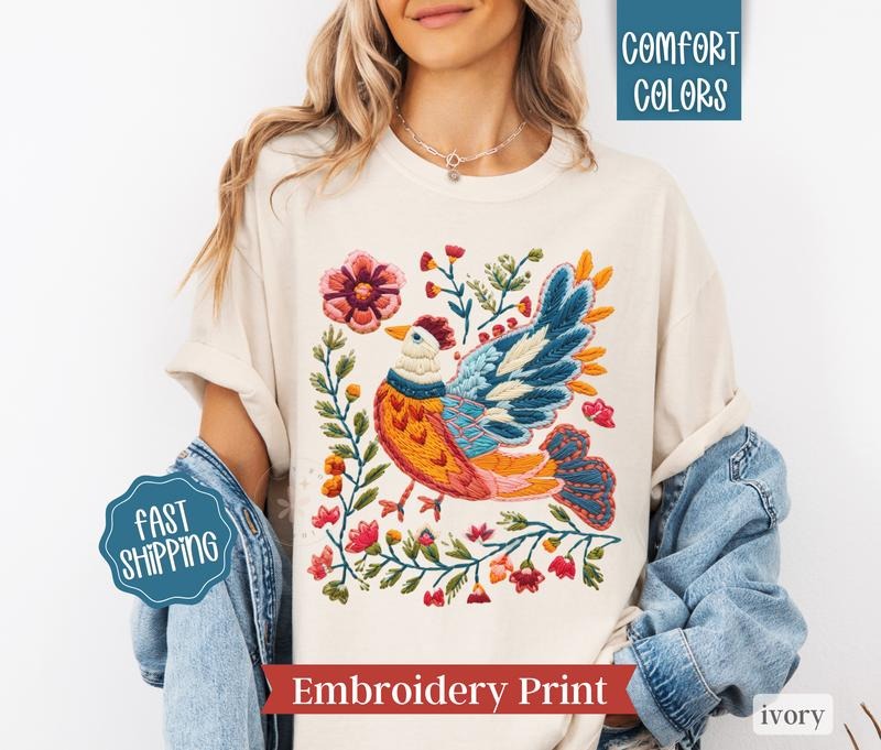 Faux Embroidery Cottagecore Bird Shirt Comfort Colors Embroidery Printed Bird Boho Floral T-Shirts, Hoodie, Sweatshirt