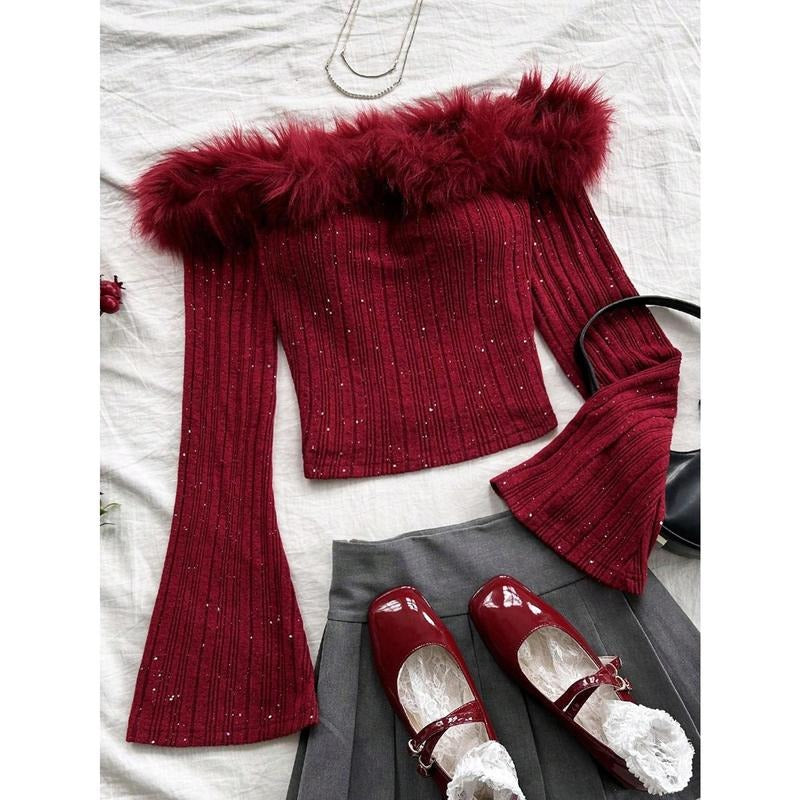 Faux Fur Crop Tops Bell Sleeve Off Shoulder Glitter Party Tee Shirts Hoodie, Sweatshirt | HypeDripTees.com