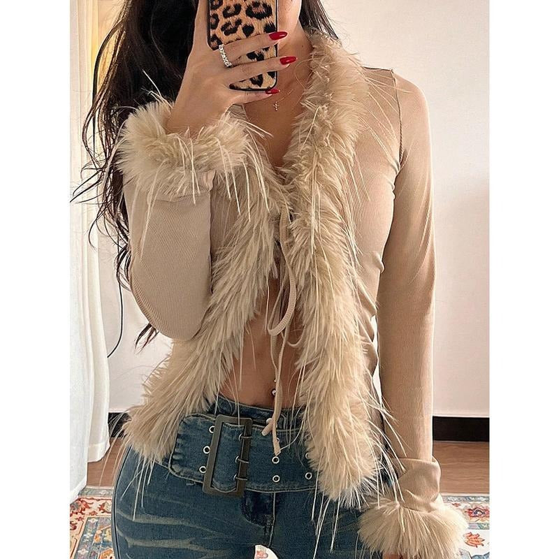 Faux Fur Fuzzy Long Sleeve Top Mesh Lace Open Front Y2K Tee Shirts Hoodie, Sweatshirt | HypeDripTees.com