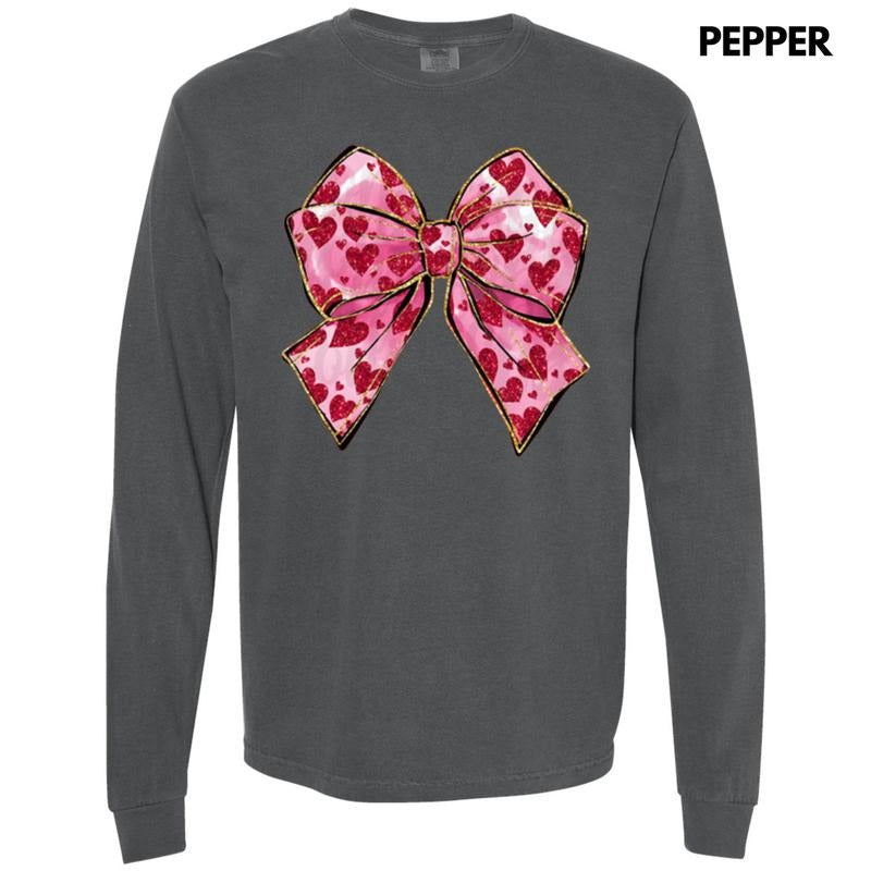 Faux Glitter Heart Bow Long Sleeve Comfort Colors T-Shirt Hoodie, Sweatshirt | HypeDripTees.com