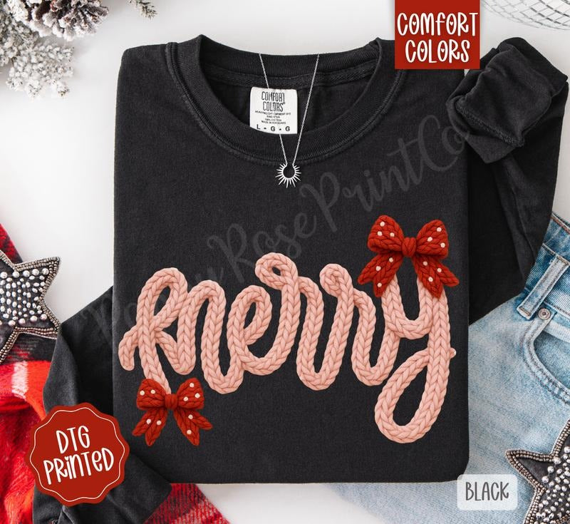 Faux Knit Merry Comfort Colors Long Sleeve T-Shirt, Cute Women's Holiday Tee Hoodie, Sweatshirt | HypeDripTees.com