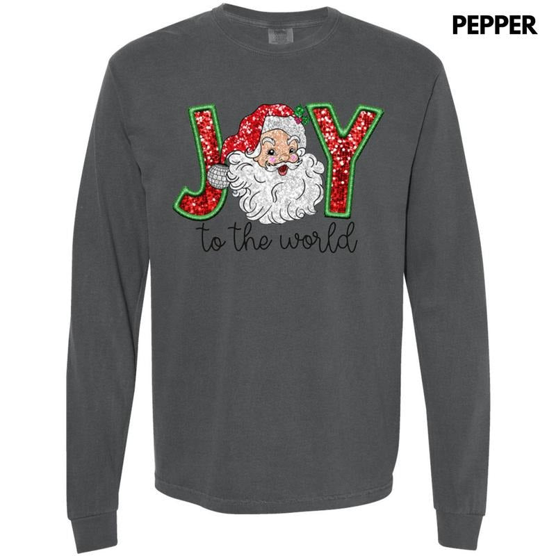 Faux Sequin Joy To The World Long Sleeve Comfort Colors T-Shirt Hoodie, Sweatshirt | HypeDripTees.com